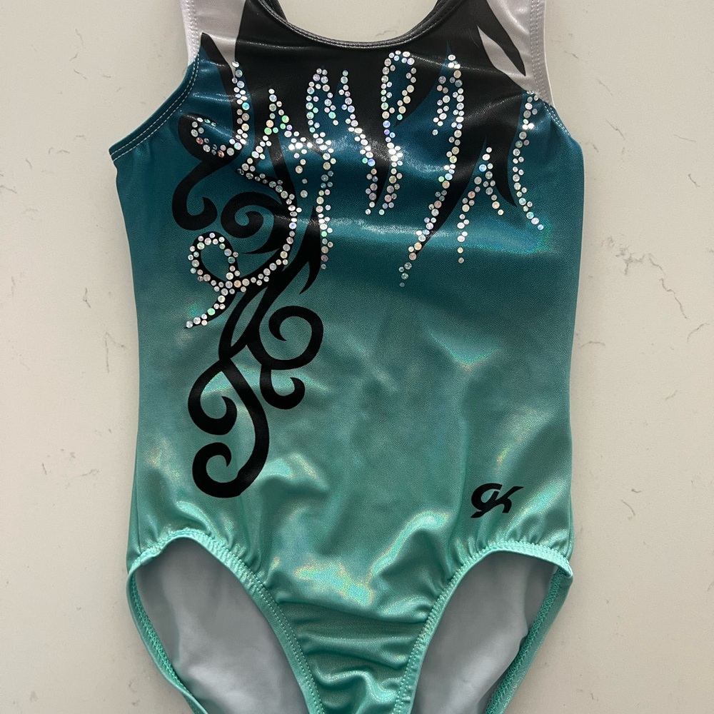 Teal and Black GK Leotard with Rhinestone Design